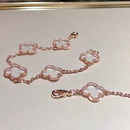 [BLUE TEARS]CLOVER 5 MOTIF ROCK CRYSTAL PINK GOLD BRACELET