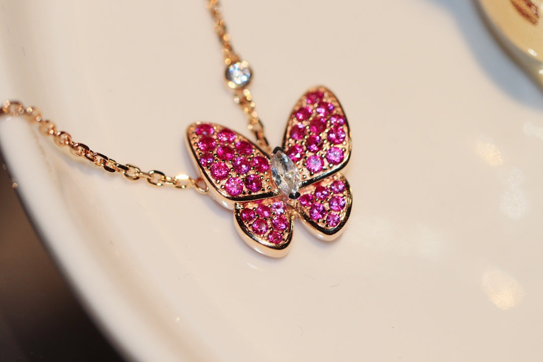[BLUE TEARS]BUTTERFLY RED DIAMOND ROSE GOLD NECKLACE