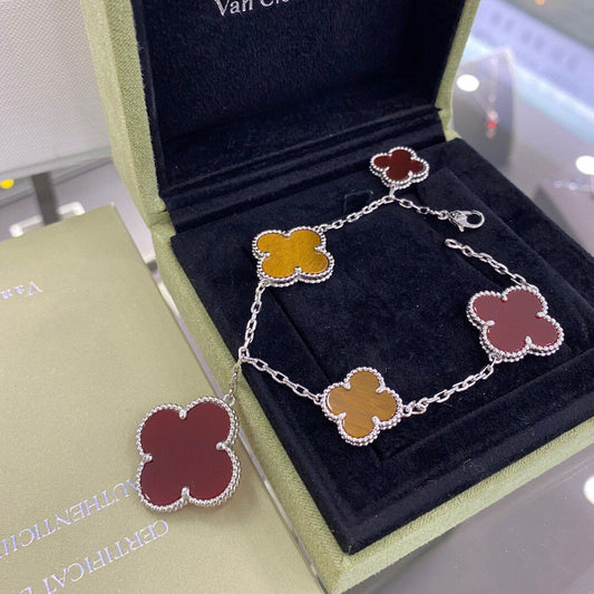[BLUE TEARS]CLOVER 5 MOTIFS SIVLER CARNELIAN TIGER EYE BRACELET
