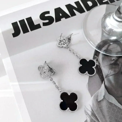 [BLUE TEARS]CLOVER 2 MOTIFS  DIAMOND ONYX EARRINGS SILVER