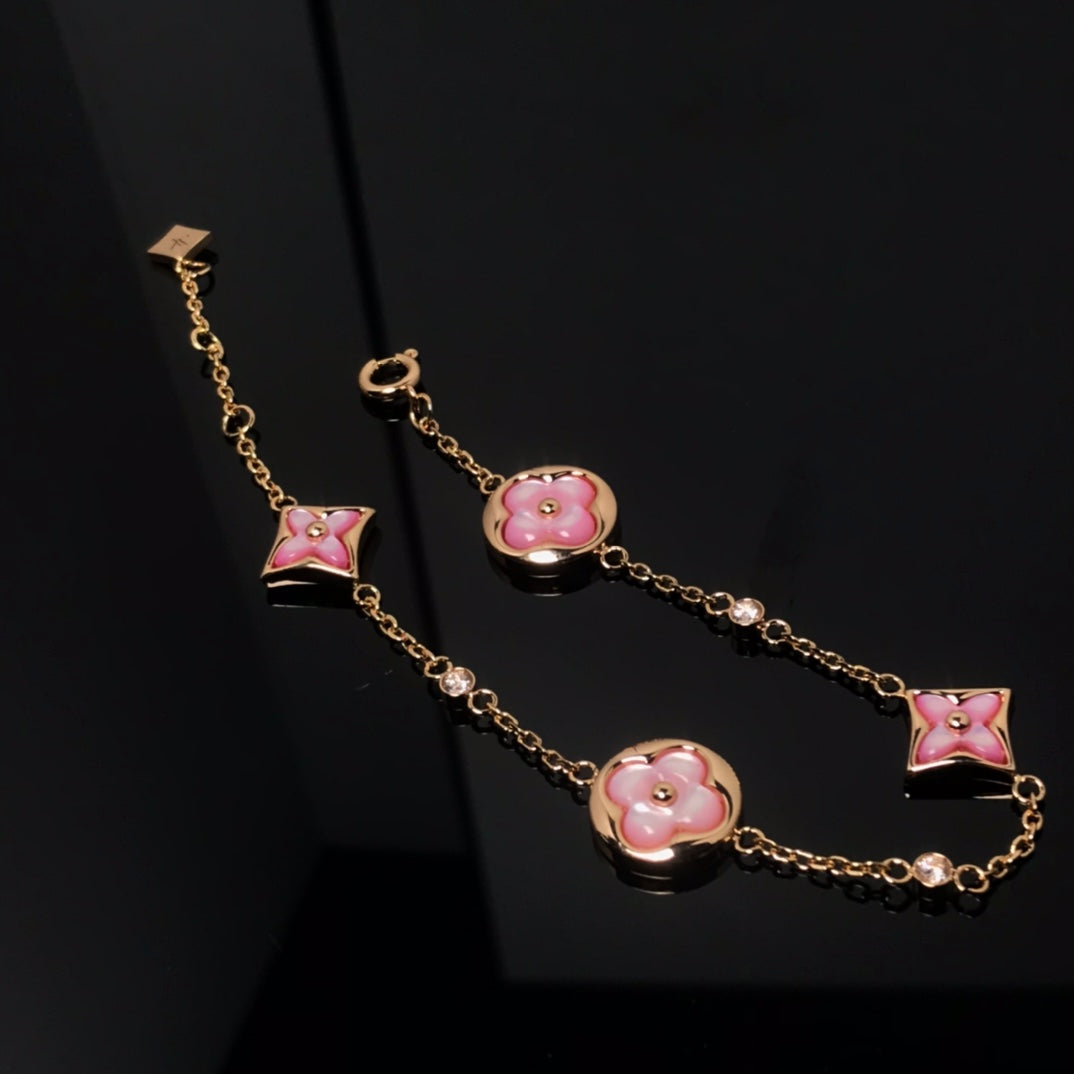 [BLUE TEARS]STAR AND SUN 4 MOTIF PINK MOP PINK GOLD BRACELET