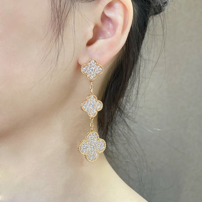 [BLUE TEARS]CLOVER 3 MOTIFS DIAMOND PAVED ROSE GOLD EARRINGS