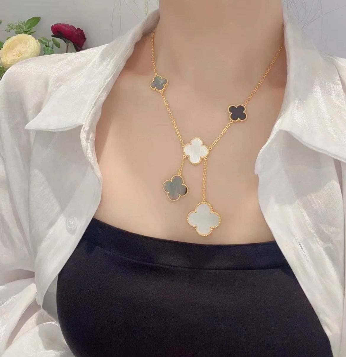 [BLUE TEARS]CLOVER 6 MOTIF MOP ONYX GOLD NECKLACE