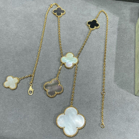 [BLUE TEARS]CLOVER 6 MOTIF MOP ONYX GOLD NECKLACE