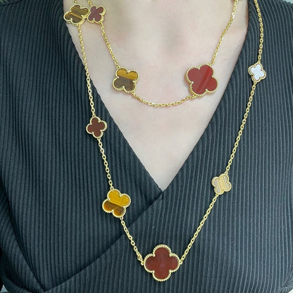 [BLUE TEARS]CLOVER 16 MOTIF CARNELIAN TIGER EYE ROSE GOLD NECKLACE