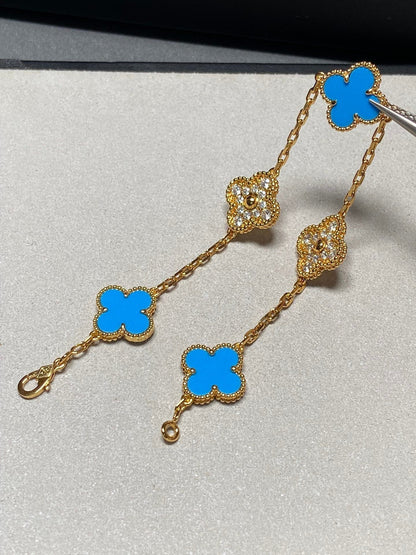 [BLUE TEARS]CLOVER 5 MOTIF BLUE CHALCEDONY DIAMOND GOLD BRACELET