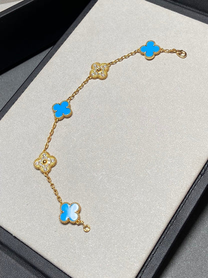 [BLUE TEARS]CLOVER 5 MOTIF BLUE CHALCEDONY DIAMOND GOLD BRACELET
