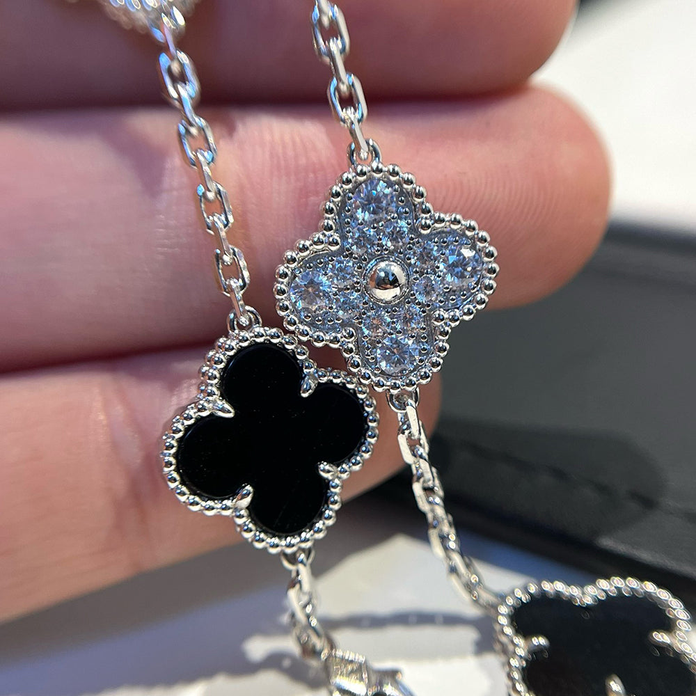 [BLUE TEARS]CLOVER 5 MOTIF ONYXS DIAMOND BRACELET SILVER