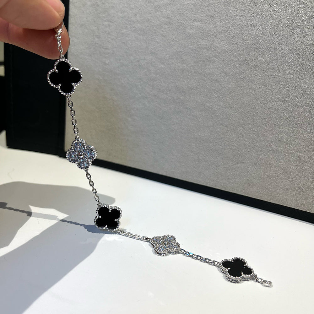 [BLUE TEARS]CLOVER 5 MOTIF ONYXS DIAMOND BRACELET SILVER