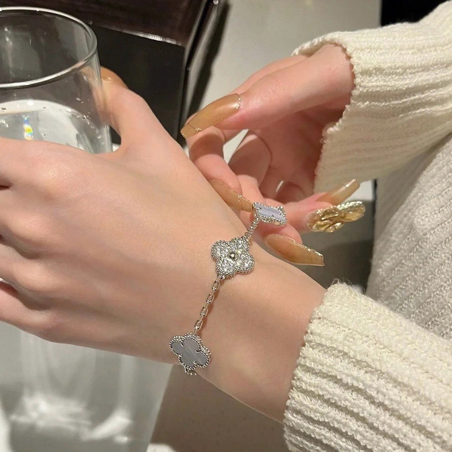 [BLUE TEARS]CLOVER  5 MOTIF DIAMOND PURPLE CHALCEDONY BRACELET SILVER