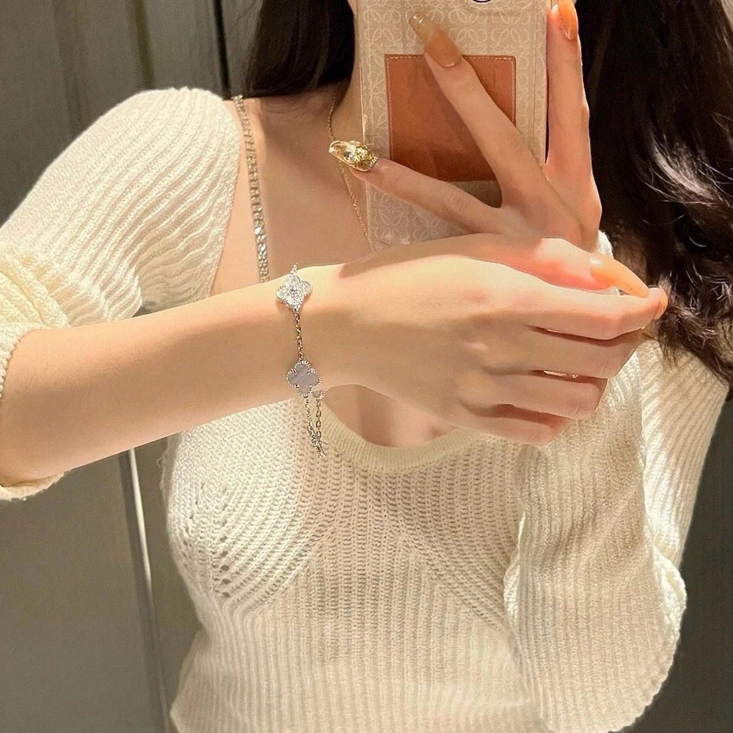 [BLUE TEARS]CLOVER  5 MOTIF DIAMOND PURPLE CHALCEDONY BRACELET SILVER