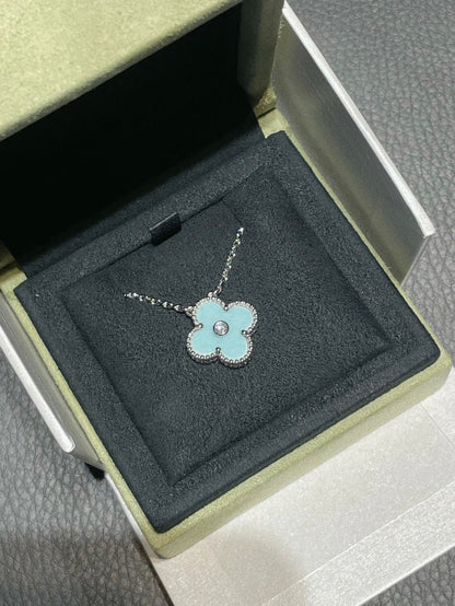 [BLUE TEARS]CLOVER 1 DIAMOND LIGHT BLUE SILVER NECKLACE