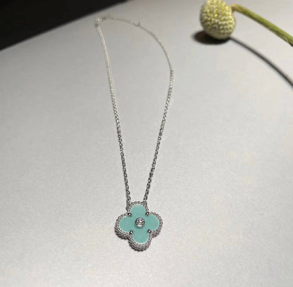 [BLUE TEARS]CLOVER 1 DIAMOND LIGHT BLUE SILVER NECKLACE