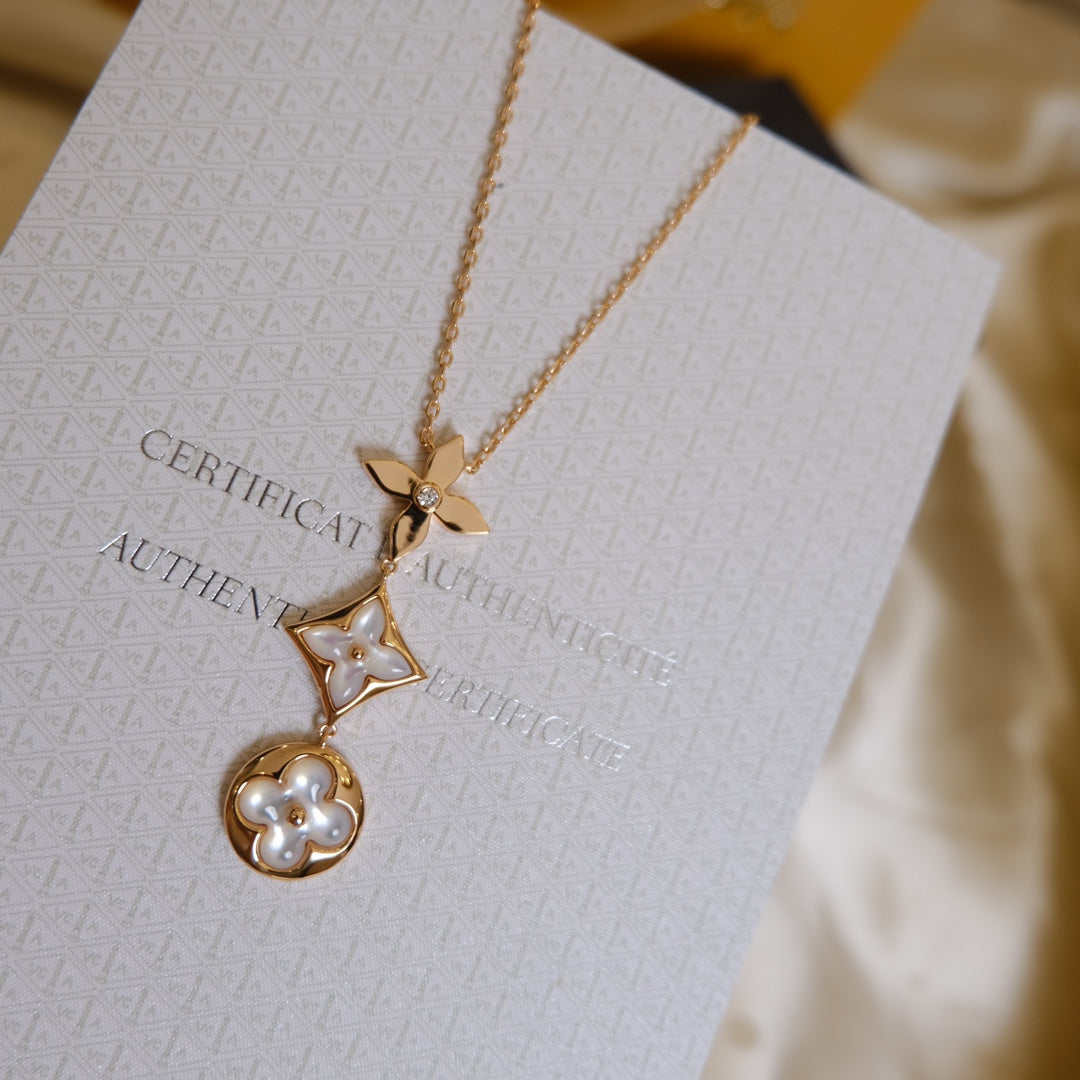 [BLUE TEARS]COLOR BLOSSOM LARIAT NECKLACE PINK GOLD WHITE MOTHER PEARL AND DIAMOND