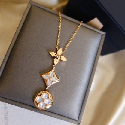 [BLUE TEARS]COLOR BLOSSOM LARIAT NECKLACE PINK GOLD WHITE MOTHER PEARL AND DIAMOND