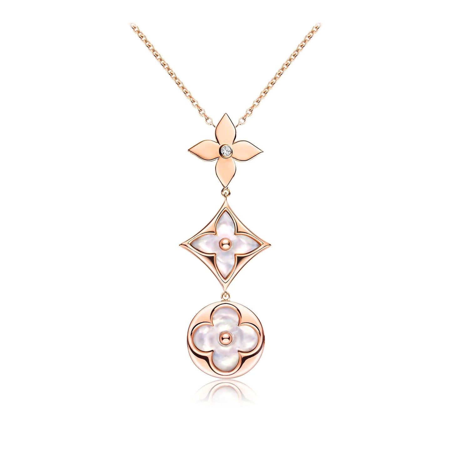 [BLUE TEARS]COLOR BLOSSOM LARIAT NECKLACE PINK GOLD WHITE MOTHER PEARL AND DIAMOND