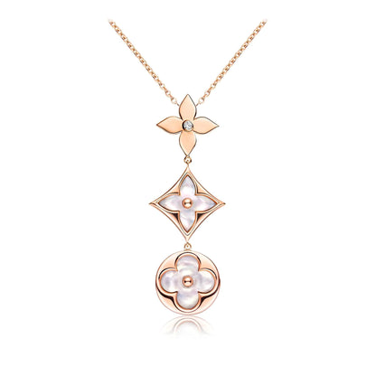 [BLUE TEARS]COLOR BLOSSOM LARIAT NECKLACE PINK GOLD WHITE MOTHER PEARL AND DIAMOND