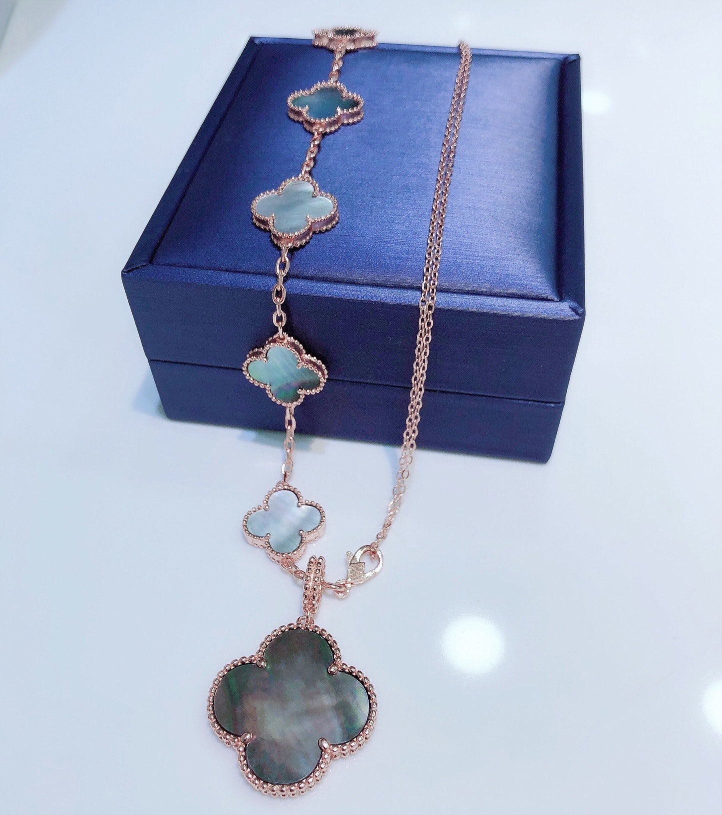 [BLUE TEARS]COMBINED BRACELET 5 MOTIFS AND NECKLACE DARK MOP ROSE GOLD