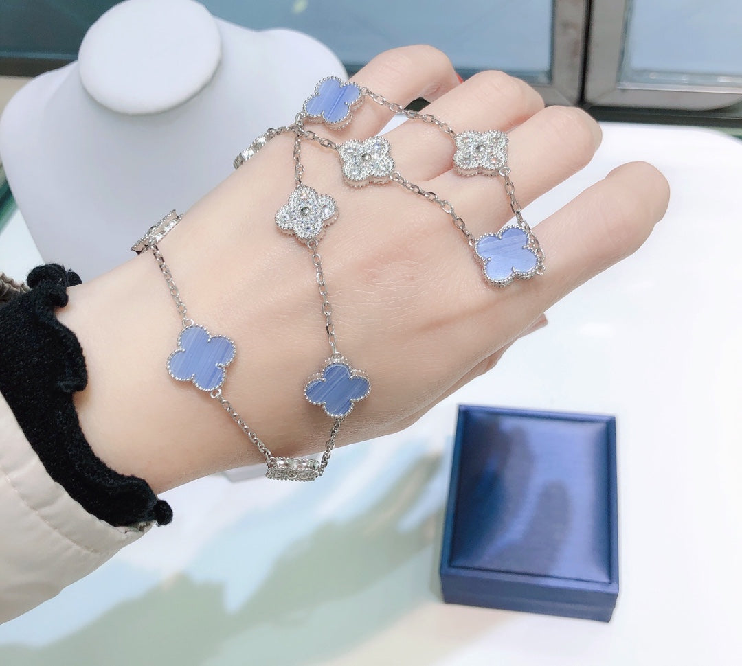 [BLUE TEARS]CLOVER 10 MOTIFS CHALCEDONY DIAMONDS SILVER NECKLACE