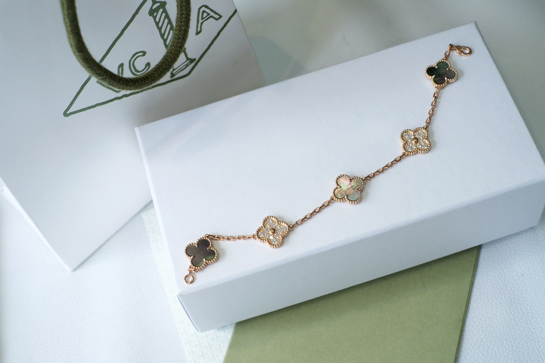[BLUE TEARS]CLOVER 5 MOTIFS DARK MOP AND DIAMONDS PINK GOLD BRACELET